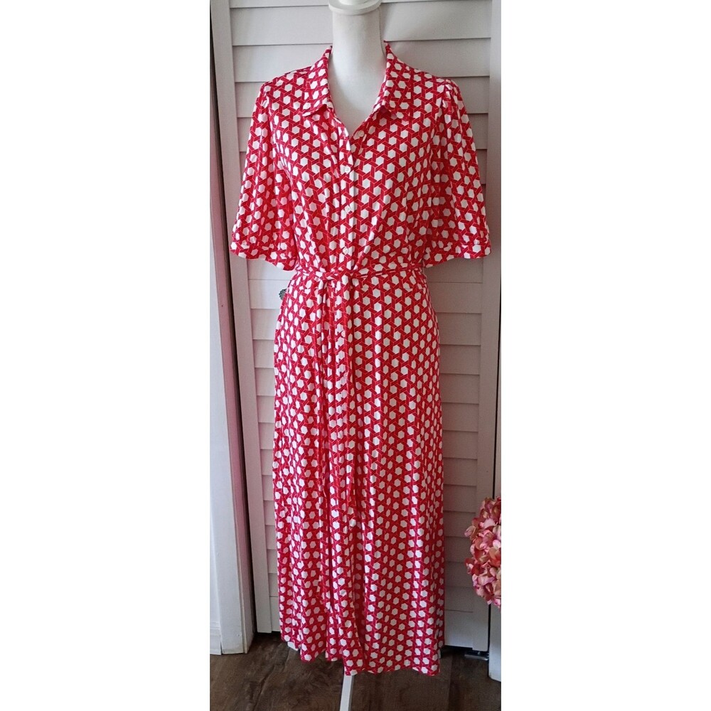 Boden women's geometric collared button down dress belted short sleeve 16-18R